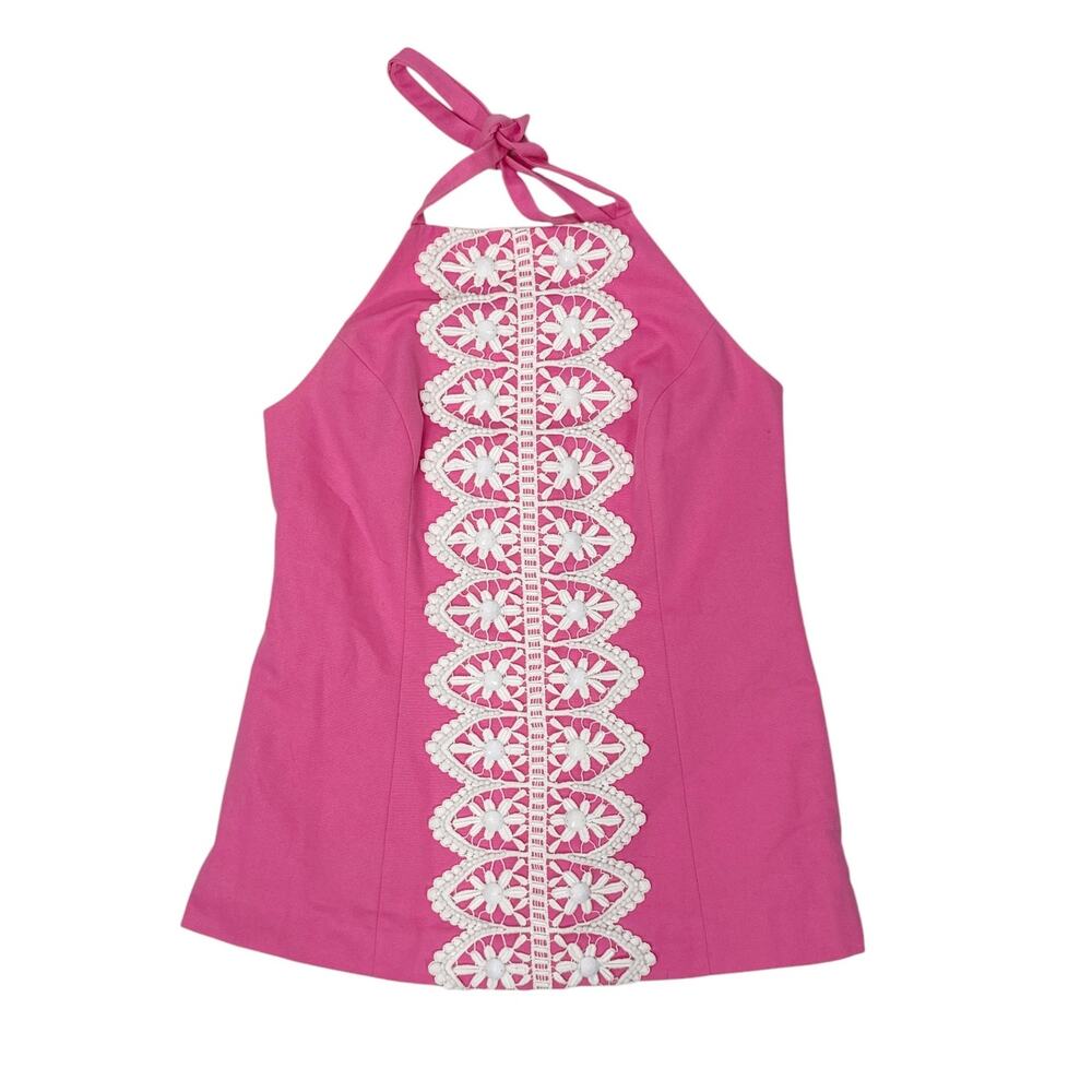 Lilly Pulitzer‎ Halter Top 2 Pink Embroidery Beading Tie Neck Side Zip